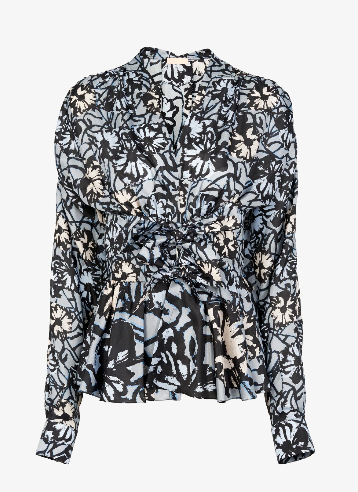 Cinched printed habotai silk shirt  ALAÏA BLACK/BLUE CINCHED PRINTED HABOTAI SILK SHIRT